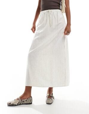 Cotton On Linen-Look Maxi Skirt Ivory Cream Pinstripe Drawstring Minimalist Sz 8